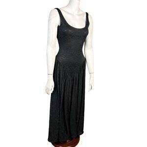 VTG Betsey Johnson dress Medium Basque Waist Victorian 70s Goth Black Maxi lace
